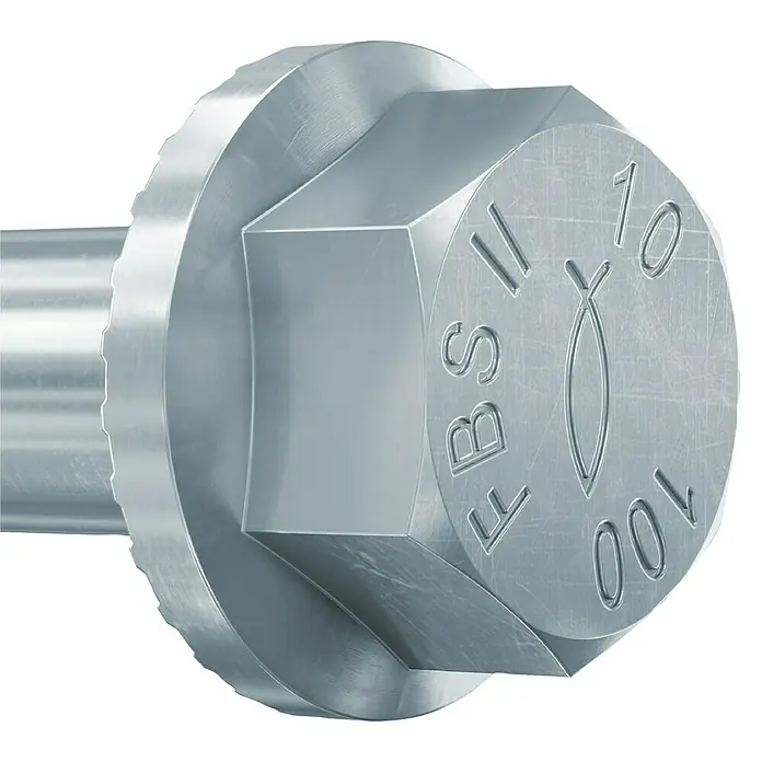 Fischer Betonschrauben Ultracut FBS II - Ø x L: 10 x 90 mm, Sechskantkopf, 1 Stk. - Nahaufnahme einer FBS 10 Schraube mit Fischsymbol und Kopf, ideal für Befestigungen.