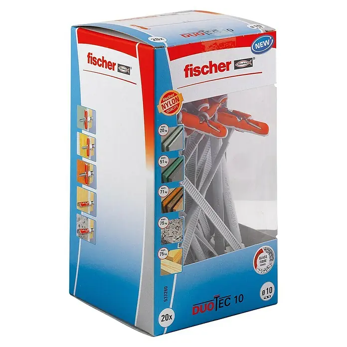 Fischer Kippdübel - Durchmesser Dübel: 10 mm, Länge Dübel: 47 mm, Gipskartonplatten, 20 Stk. - Fischer DUOTEC 10 Dübelbox mit 20 Nylon-Qualitätsdübeln, geeignet für verschiedene Materialien und Lasten bis 75 kg.