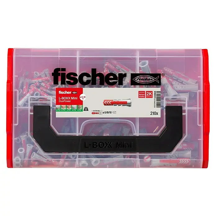Fischer Duopower Dübelsortiment FIXtainer - 210 -tlg. - Eine transparente Box mit Fischer Dübeln. Die Box ist rot umrandet und enthält verschiedene Dübelgrößen für sichere Befestigungen.
