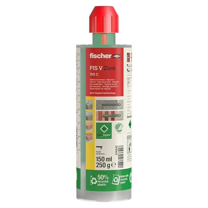 Fischer Universalmörtel FIS V Zero 150 C TC - 150 ml, Grau - Ein Bild von einer Fischer FIS V Zero Injektionsmörtel-Kartusche, ideal für sichere Befestigungen in verschiedenen Baumaterialien, mit umweltfreundlicher Verpackung.
