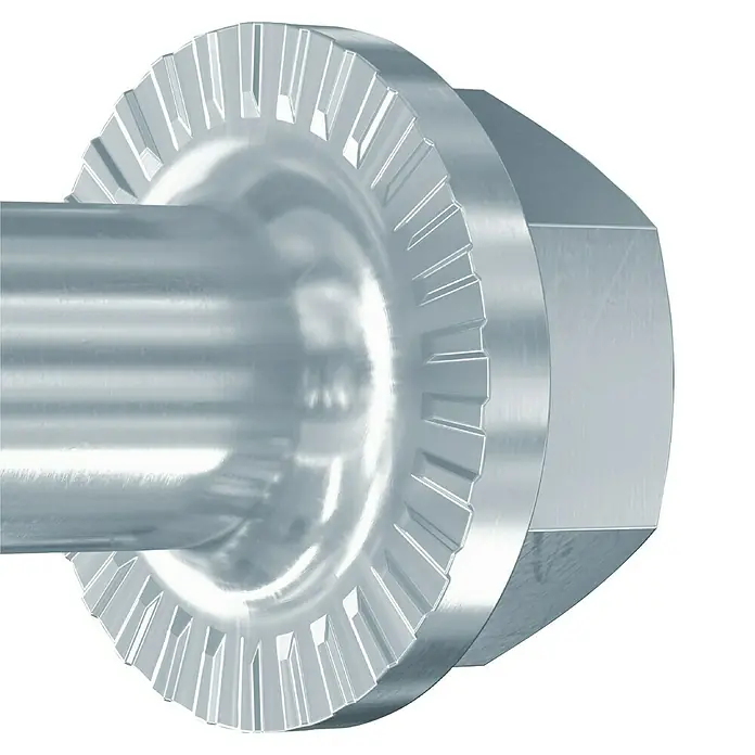 Fischer Betonschrauben Ultracut FBS II - Ø x L: 10 x 90 mm, Sechskantkopf, 1 Stk. - Eine Nahaufnahme einer glänzenden, silbernen Bundmutter mit Sperrverzahnung vor einem schwarzen Hintergrund.