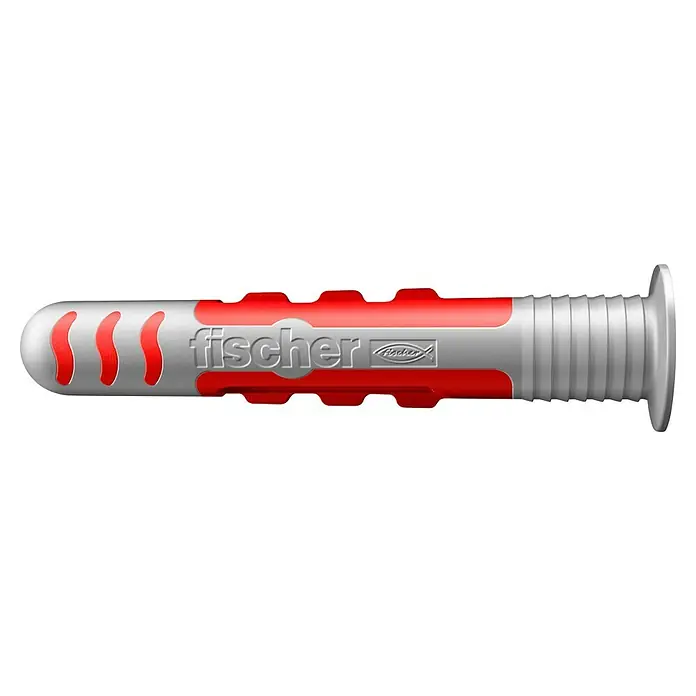 Fischer Universaldübel DuoSeal - Länge Dübel: 38 mm - Fischer Dübel. Der Dübel ist grau mit roten Akzenten und dem Fischer Logo. Er ist geeignet für verschiedene Baumaterialien.