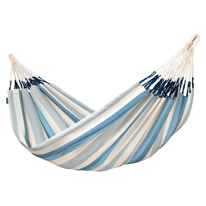 La Siesta Hängematte Brisa - L x B: 350 x 160 cm, Sea Salt - Gestreifte Hängematte in Blau-, Grau- und Weißtönen mit Aufhängeschnüren, perfekt zum Entspannen im Freien.