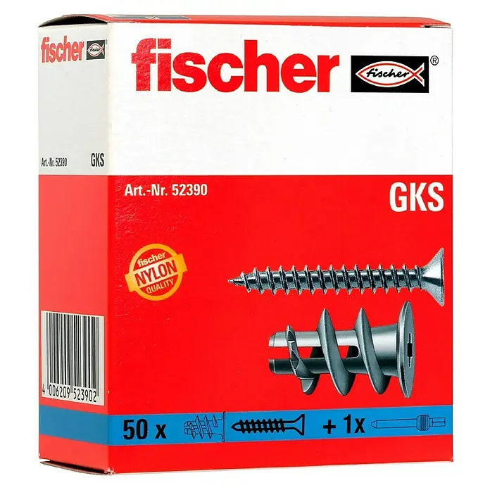 Fischer Gipskartondübel - Länge Dübel: 22 mm, Mit Schrauben, Mit Rand, 50 Stk. - Nahaufnahme einer Packung Fischer GKS Dübel, die 50 Dübel und einen Schraubendrehereinsatz enthält.