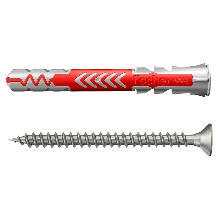 Fischer Duopower Universaldübel S A2 K - Ø x L: 6 x 50 mm, Material Dübel: Nylon, 4 Stk. - Fischer UX Universaldübel mit Schraube. Der Dübel ist grau und rot, die Schraube silbern und spitz zulaufend.