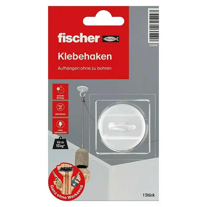 Fischer Wand- & Deckenhaken GOW - Traglast: 10 kg - Eine Packung Fischer Klebehaken, die es ermöglichen, Gegenstände ohne Bohren aufzuhängen. Maximales Gewicht bis zu 10 kg.