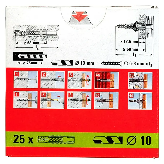 Fischer Universal-Durchsteckdübel UX - Durchmesser Dübel: 10 mm, Länge Dübel: 60 mm, Ohne Rand, 25 Stk. - Eine Packung mit 25 Dübeln mit einem Durchmesser von 10 mm, geeignet für verschiedene Wandtypen und Befestigungsarten.