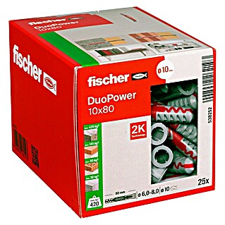 Fischer Duopower Asortiman tipli (Promjer tiple: 10 mm, Duljina tiple: 80 mm, S rubom, Svi građevni materijali, 25 Kom.)