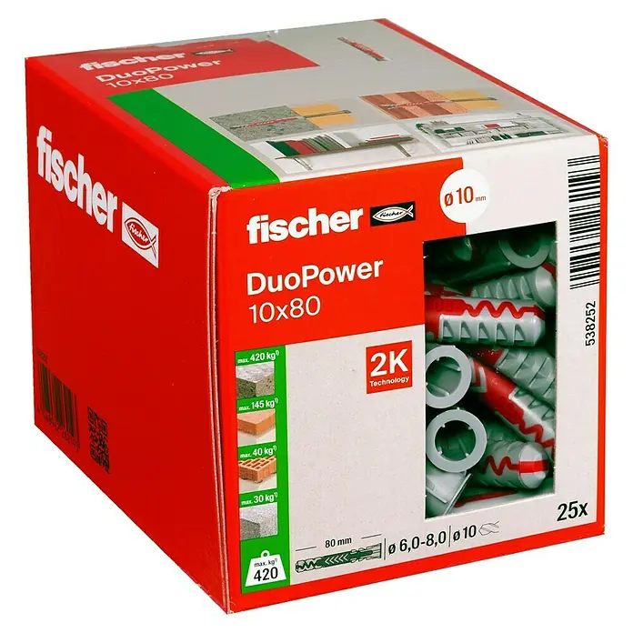 Fischer Duopower Dübelsortiment - Durchmesser Dübel: 10 mm, Länge Dübel: 80 mm, Mit Rand, Alle Baustoffe, 25 Stk. - Produktbild einer Packung Fischer Dübel DuoPower 10x80, die eine zuverlässige Befestigung in verschiedenen Materialien verspricht.