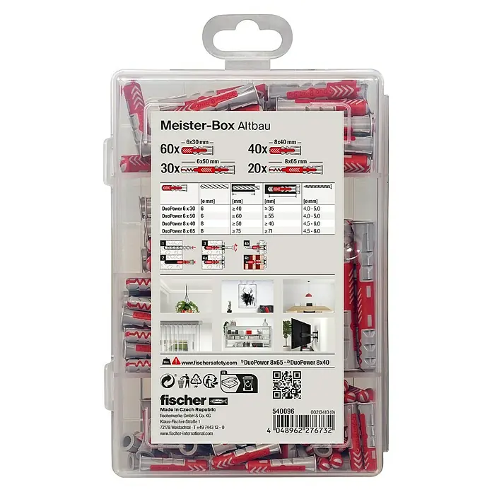 Fischer Duopower Universaldübel-Set Meisterbox kurz/lang - 150 -tlg. - Eine Meister-Box Altbau mit verschiedenen Dübeln in unterschiedlichen Größen, ideal für Befestigungen im Altbau.