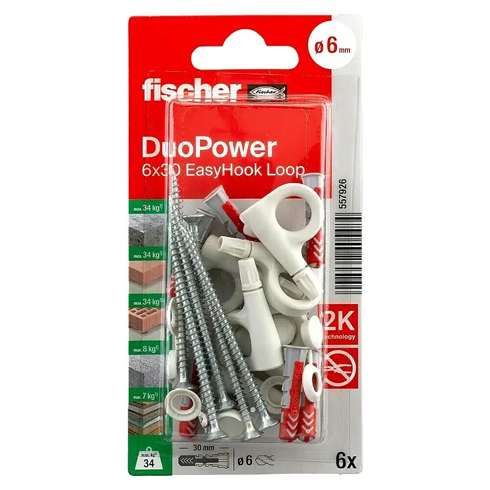 Fischer Duopower Eisengewindeöse EasyHook Loop - Durchmesser Dübel: 6 mm, Länge Dübel: 30 mm - Packung Fischer DuoPower 6x30 EasyHook Loop Dübel mit Schrauben und Haken für sichere Befestigung.