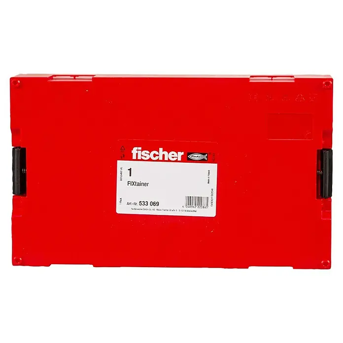 Fischer Aufbewahrungsmodul FIXtainer, leer - 1 Stk. - Rote Fischer FIXtainer Box mit schwarzem Verschluss und weißem Etikett. Praktische Aufbewahrungslösung für Werkzeuge oder Kleinteile.