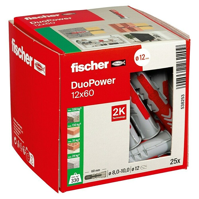 Fischer Duopower Dübelsortiment (Durchmesser Dübel: 12 mm, Länge Dübel: 60 mm, Mit Rand, Alle Baustoffe, 25 Stk.) | BAUHAUS