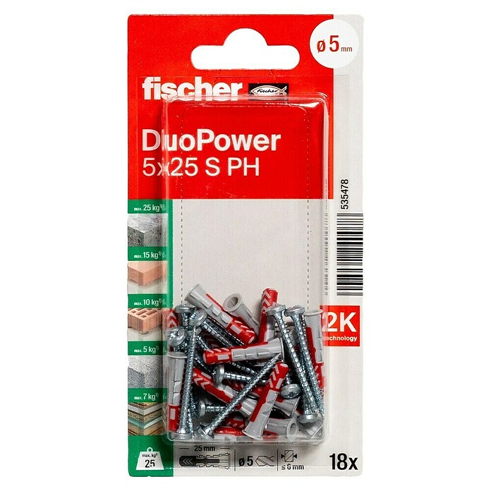 Fischer Duopower Universeelpluggen DuoPower 5x25 met bolkopschroef K (Ø x l: 5 x 25 mm, Nylon, 18 st.) | BAUHAUS
