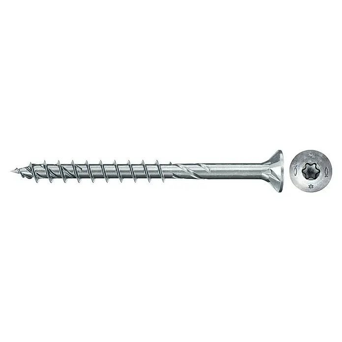 Fischer Spanplattenschraube VZ POWERFAST II SK TX TG - Ø x L: 5 x 80 mm, 100 Stk., Galvanisch verzinkt, TX für TORX-Antriebe - Das Bild zeigt eine Spax-Schraube aus Metall mit einem Torx-Antrieb. Ideal für Holzverbindungen, bietet die Schraube sicheren Halt und hohe Stabilität.