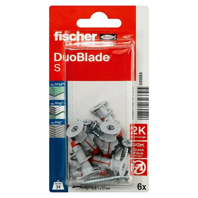 Fischer Duoblade Gipskartondübel-Set S - Länge Dübel: 44 mm, Mit Schrauben, Nylon, 6 Stk. - Packung Fischer DuoBlade S Dübel, geeignet für Gipskartonplatten, mit einer maximalen Traglast von 34 kg, inklusive Schrauben.