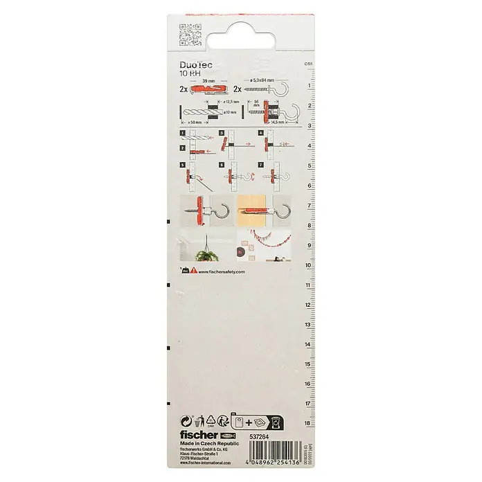 Fischer Duotec Kippdübel - Durchmesser Dübel: 10 mm, Länge Dübel: 50 mm, Gipskartonplatten, Mit Schrauben/Haken, 2 Stk. - DuoTec 10 RH Dübelverpackung mit Montageanleitung und Größenangaben, ideal für sichere Befestigungen.