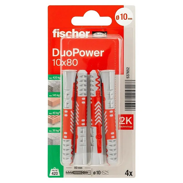Fischer Duopower Universaldübel 2 K - Ø x L: 10 x 80 mm, Nylon, 4 Stk. - Fischer DuoPower Dübelpackung (10x80 mm) mit vier Dübeln, geeignet für verschiedene Materialien und Lasten bis zu 420 kg.