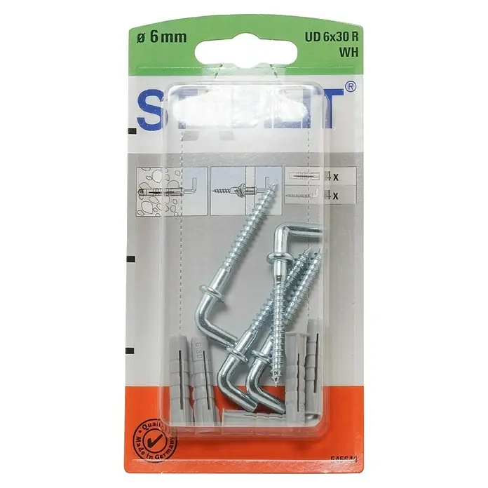 Stabilit Universaldübel - 4 Stk., Länge Dübel: 35 mm - Eine Packung mit vier UD 6x30 R WH Haken mit passenden Dübeln. Ideal für leichte Befestigungen im Haushalt.