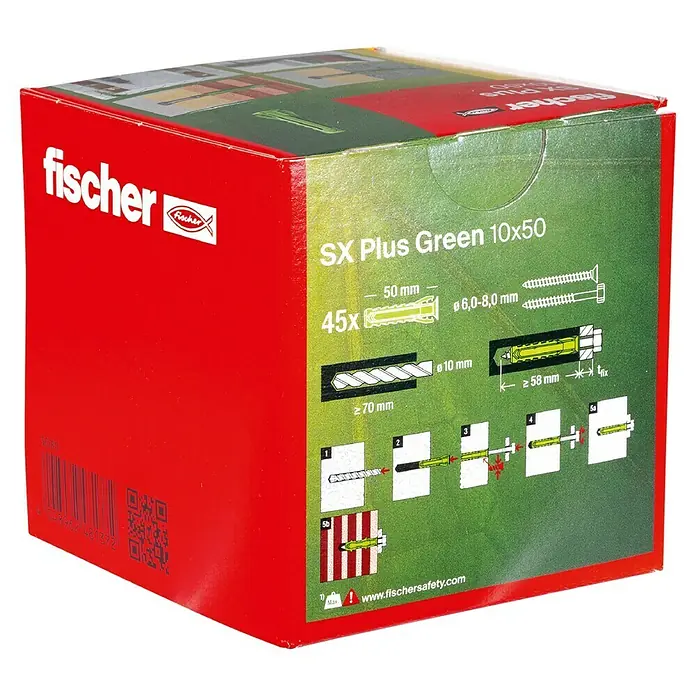 Fischer Spreizdübel SX Plus - Ø x L: 10 x 50 mm, Nylon, Mit Rand, 45 Stk. - Eine rote Verpackung Fischer SX Plus Green 10x50 Dübel, die die Verwendung des Produkts anhand von Illustrationen erklärt.
