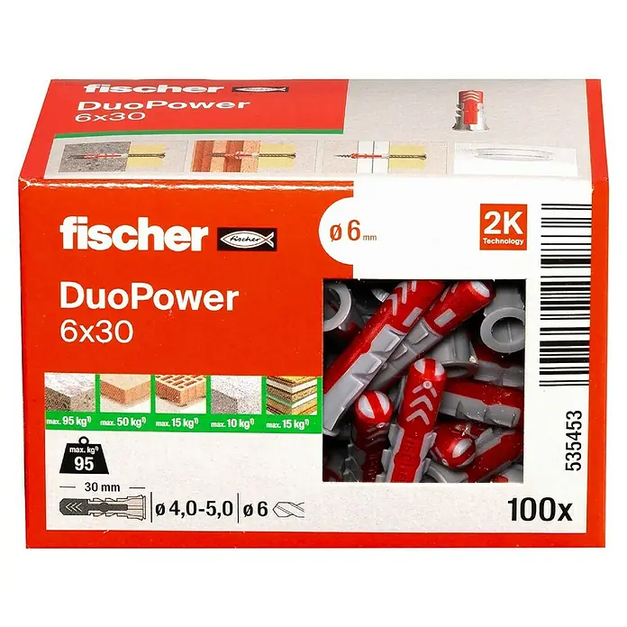 Fischer Duopower Dübelsortiment - Durchmesser Dübel: 6 mm, Länge Dübel: 30 mm, Mit Rand, Alle Baustoffe, 100 Stk. - Abbildung einer Packung Fischer DuoPower 6x30-Dübel, ideal zum Befestigen von Gegenständen in verschiedenen Materialien mit bis zu 95 kg.