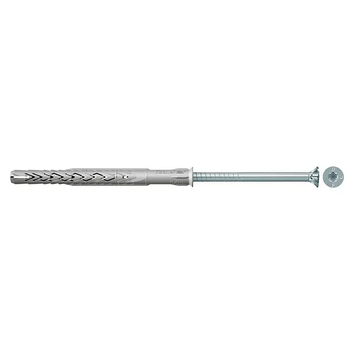 Fischer Langschaftdübel SXRL - Länge Dübel: 200 mm, 1 Stk. - Nahaufnahme eines Fischer Dübels mit Schraube, ideal für sichere Befestigungen in verschiedenen Materialien. Robuste Konstruktion für zuverlässigen Halt.