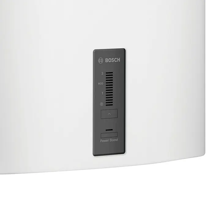 Bosch Termo eléctrico Tronic 4500T Flat - 30 l, 2.000 W, Montaje en la pared - Detalle de los controles de un calentador de agua Bosch, con ajustes de temperatura y función de refuerzo de potencia.