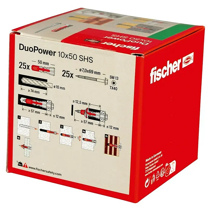 Fischer Duopower Dübel- & Schraubenbox - Durchmesser Dübel: 10 mm, Länge Dübel: 50 mm, Sechskantschraube, 25 Stk. - Produktverpackung der Fischer DuoPower 10x50 SHS Dübel mit Größenangaben und Anwendungshinweisen auf der Packung.