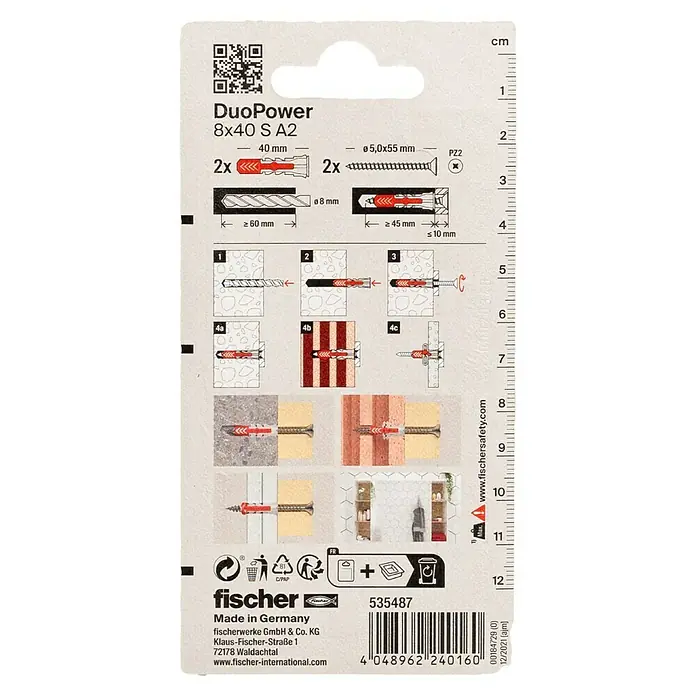 Fischer Duopower Universaldübel S A2 K - Ø x L: 8 x 40 mm, Material Dübel: Nylon, 2 Stk. - Abbildung einer DuoPower 8x40 S A2 Dübelpackung mit Installationsanleitung und Größenangaben.