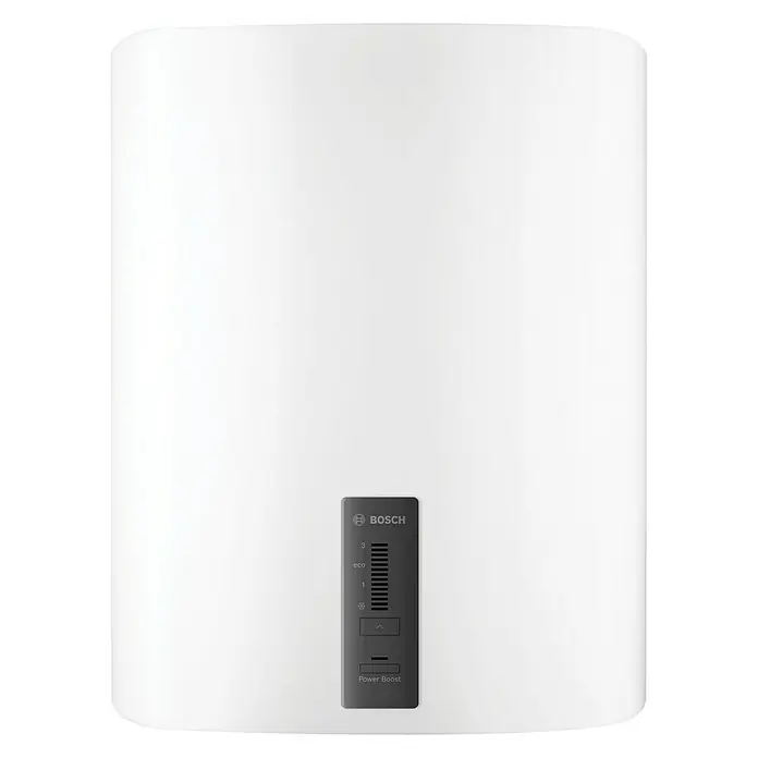 Bosch Termo eléctrico Tronic 4500T Flat - 30 l, 2.000 W, Montaje en la pared - Imagen de un calentador de agua Bosch blanco con controles digitales y el logotipo de Bosch. El aparato tiene forma cilíndrica.