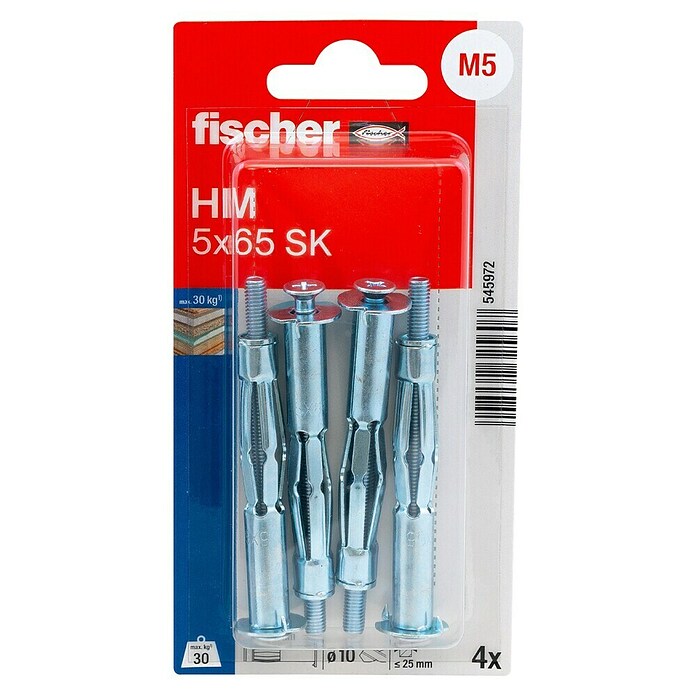 Fischer Hohlraumdübel HM 5x65 SK (Länge Dübel: 65 mm, Silber, 4 Stk.) | BAUHAUS