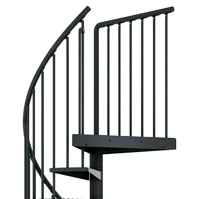 Dolle Escalera exterior Gardenspin Antracita - Diámetro: 155 cm, Altura de planta: 246 cm - 282 cm, Peldaños de chapa perforada, Antracita - Primer plano de una escalera de caracol negra, que muestra diseño moderno y funcionalidad.