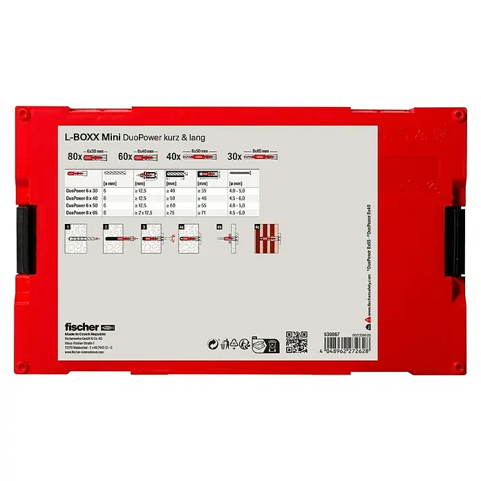Fischer Duopower Universaldübel-Set Fixtainer - Tiefenbiss-Box - 210 -tlg. - Eine rote L-Boxx Mini mit DuoPower Dübeln in verschiedenen Größen.