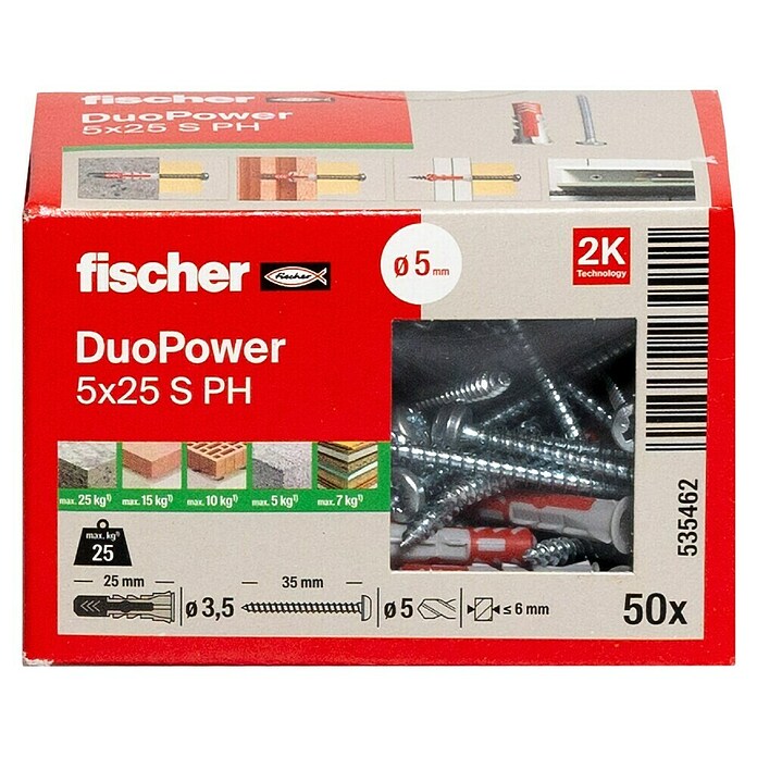 Fischer Dübel- & Schraubenbox Duopower (Durchmesser Dübel: 5 mm, Länge Dübel: 25 mm, 50 Stk., Panheadschraube)