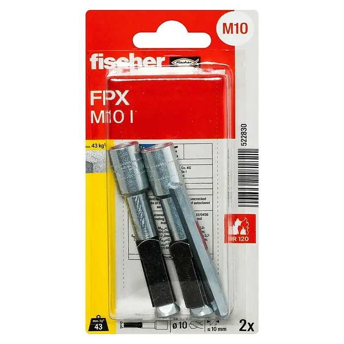 Fischer Porenbetonanker FPX - M 10, Länge Dübel: 75 mm, 2 Stk., Galvanisch verzinkt - Eine Packung Fischer FPX M10 Bolzenanker, ideal für sichere Befestigungen in Beton und anderen festen Materialien.