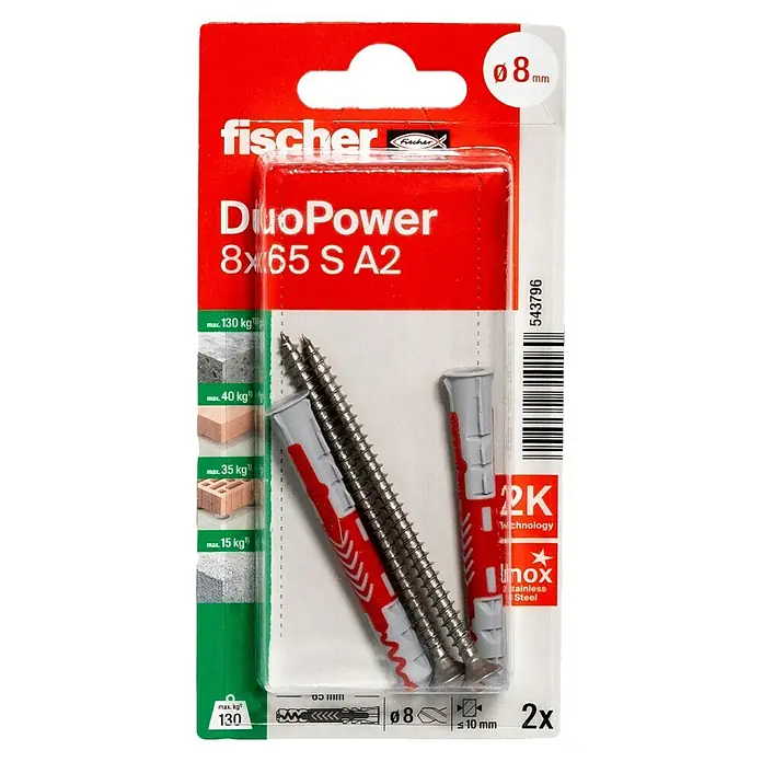 Fischer Duopower Universaldübel S A2 K - Ø x L: 8 x 65 mm, Material Dübel: Nylon, 2 Stk. - Nahaufnahme einer Packung Fischer DuoPower Dübel 8x65 S A2 mit Schrauben, ideal für sichere Befestigungen in verschiedenen Materialien.