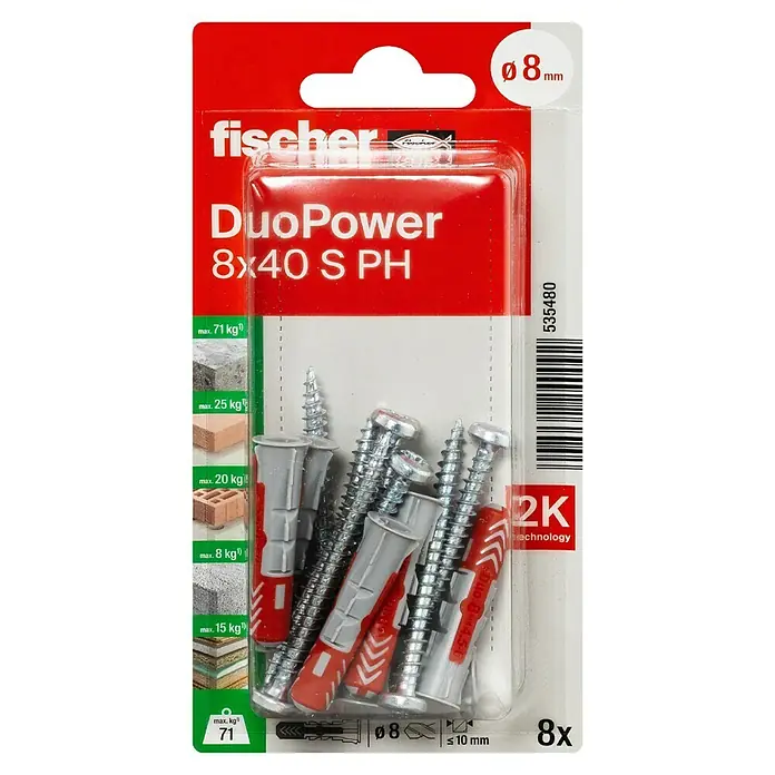 Fischer Duopower Universaldübel S PH - Ø x L: 8 x 40 mm, Nylon, 8 Stk. - Bild einer Fischer DuoPower 8x40 S PH Dübelpackung, geeignet für verschiedene Materialien und Lasten bis zu 71kg.