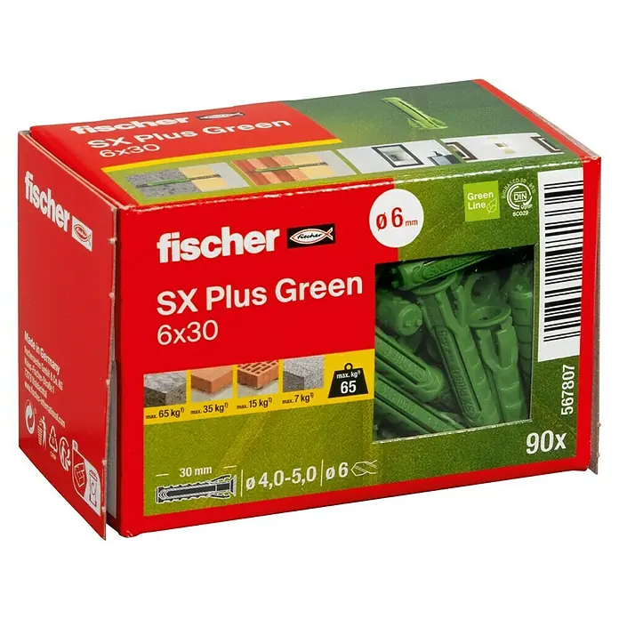 Fischer Spreizdübel SX Plus - Ø x L: 6 x 30 mm, Nylon, Mit Rand, 90 Stk. - Eine Packung Fischer SX Plus Green Dübel 6x30, ideal für sichere Befestigungen in verschiedenen Materialien, mit einer Traglast von bis zu 65 kg.