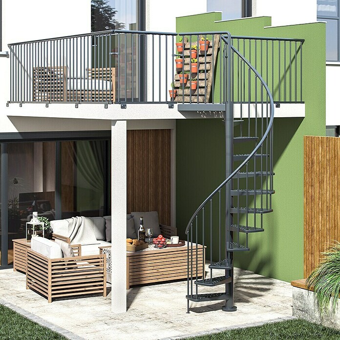 Dolle Escalera exterior Gardenspin Antracita (Diámetro: 155 cm, Altura de planta: 246 cm - 282 cm, Peldaños de chapa perforada, Gris) | BAUHAUS