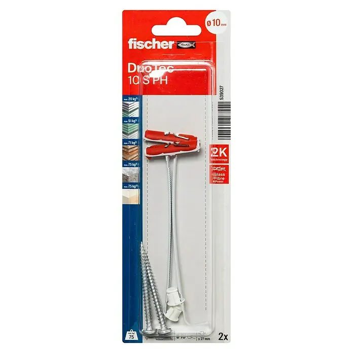 Fischer Duotec Kippdübel - Durchmesser Dübel: 10 mm, Länge Dübel: 50 mm, Gipsfaserplatten, Mit Schrauben, 2 Stk. - Nahaufnahme der Fischer DuoTec 10 SPH Dübelpackung, die robuste und vielseitige Befestigungslösungen für verschiedene Materialien bietet.
