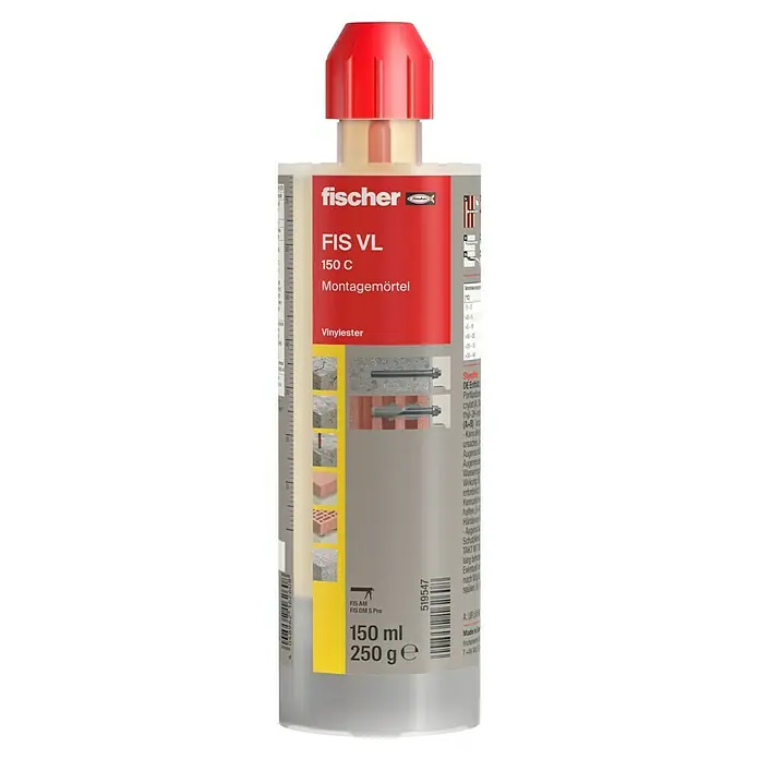 Fischer Montagemörtel 150 C - 145 ml, Hellgrau - Produktabbildung einer FISCHER FIS VL 150 C Vinylester-Montagemörtel-Flasche mit rotem Deckel für vielfältige Bau- und Montageanwendungen.