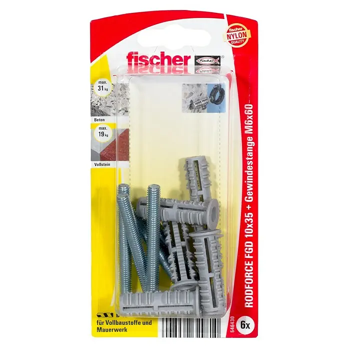 Fischer Rodforce Gewindestangendübel FGD - Länge Dübel: 35 mm, Gewinde: M6 x 60 mm, 4 Stk. - Produktverpackung: fischer RODFORCE FGD 10x35 mit Gewindestange M6x60, 6 Stück, für Vollbaustoffe und Mauerwerk.
