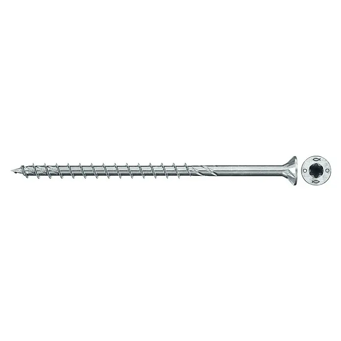 Fischer Spanplattenschraube VZ POWERFAST II SK TX TG - Ø x L: 6 x 100 mm, 50 Stk., Galvanisch verzinkt, TX für TORX-Antriebe - Nahaufnahme einer silberfarbenen Senkkopfschraube mit Fräsrippen und Torx-Antrieb. Ideal für Holzkonstruktionen und Heimwerkerprojekte.