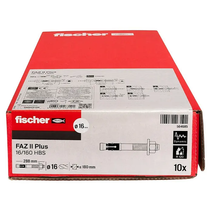 Fischer Schwerlastdübel FAZ II HBS - M16 x 189 mm, Nutzlänge: 160 mm standard, Galvanisch verzinkt - Box mit Fischer FAZ II Plus 16/160 HBS Bolzenankern. Dynamisch belastbar und feuerbeständig (R120), 10 Stück, Durchmesser 16mm, Länge bis 180mm.