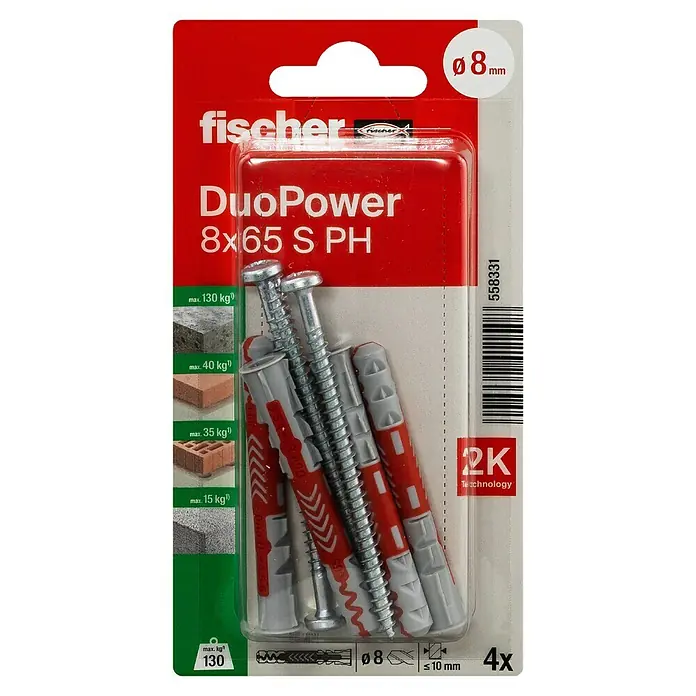 Fischer Duopower Dübel- & Schraubenbox S PH K - Durchmesser Dübel: 8 mm, Länge Dübel: 65 mm, 4 Stk. - Produktabbildung einer Packung Fischer Dübel DuoPower 8x65 S PH, ideal für sichere Befestigungen in verschiedenen Materialien.