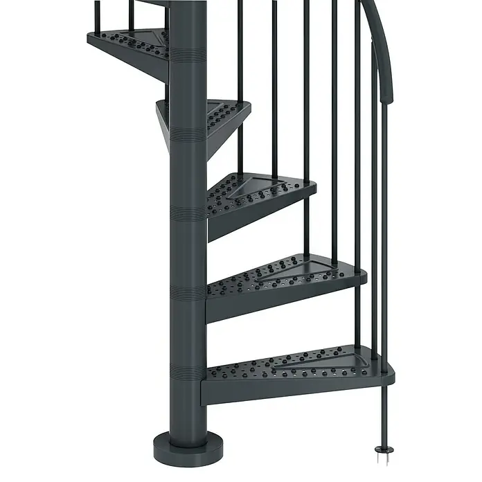 Dolle Escalera exterior Gardenspin Antracita - Diámetro: 155 cm, Altura de planta: 246 cm - 282 cm, Peldaños de chapa perforada, Antracita - Escalera de caracol metálica con acabado gris. La escalera cuenta con un soporte central y un pasamanos para mayor seguridad y un aspecto moderno.