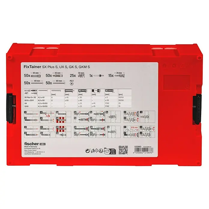 Fischer Schrauben- & Dübel-Set Hält-Alles-Box - 240 Stk. - Abbildung einer roten FixTainer Box von Fischer mit verschiedenen Dübeln und Schrauben, inklusive Montageanleitung.