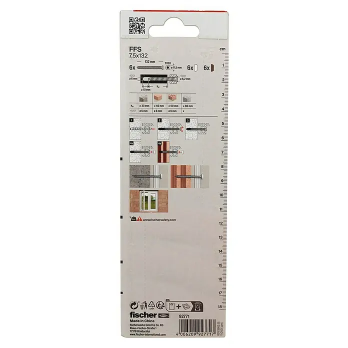 Fischer Fensterrahmenschraube FFS - Ø x L: 7,5 x 132 mm, 6 Stk. - Bild der Verpackung von Fischer FFS 7,5x132 Schrauben mit Montageanleitung und Größenangaben für verschiedene Anwendungen.