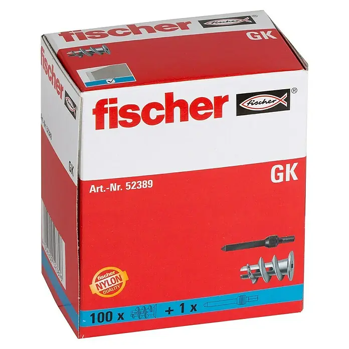 Fischer Gipskartondübel - Länge Dübel: 22 mm, Ohne Schrauben/Haken, Mit Rand, 100 Stk. - Die Verpackung der Fischer GK Nylondübel, bestehend aus 100 Dübeln plus Schraube, ist rot-weiß mit Produktinformationen und Herstellerlogo.