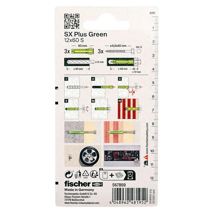 Fischer Spreizdübel-Set SX Green S - Ø x L: 12 x 60 mm, Sechskantschraube, Nylon, 3 Stk. - Bild einer Verpackung von Fischer SX Plus Green Dübeln 12x60 S, inklusive Größenangaben und Montageanleitung für verschiedene Materialien.